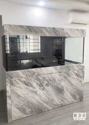 6FT-021: N30 Tank with cabinet in marble formica. Custom made by N30 Tank. Size: 72" (L) x 30" (W) x 30" (H) 12mm all. With 4ft sump.