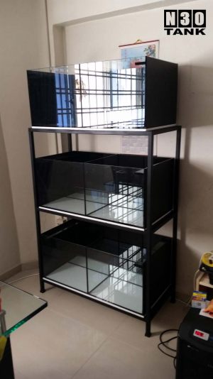 Braceless Fish Tank custom-made by N30 Tank. 3 Tier CRS Tank. Black Oyama - 3 sides