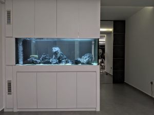 FH-011: Full Height N30 Tank. Aquarium cabinet exquisitely set in the living space. The aquarium is designed uniquely to offer unobstructed view from all sides.