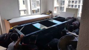 7 Our team prepares to lift the heavy fish tank onto its cabinet stand